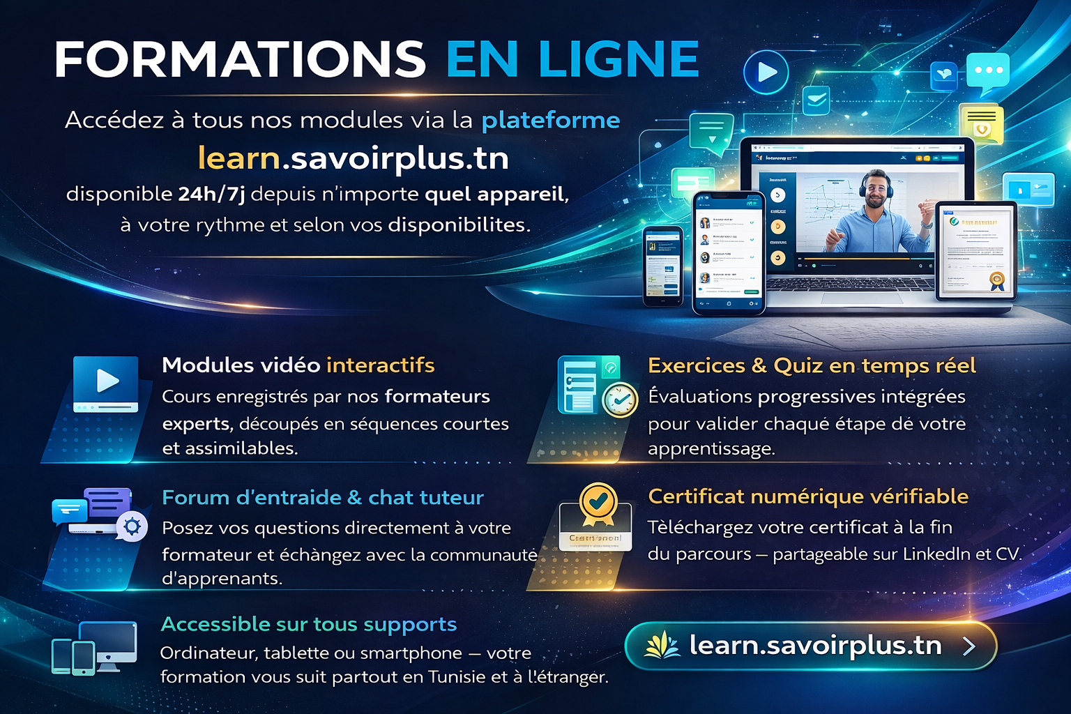 Formations en ligne plateforme learn.savoirplus.tn